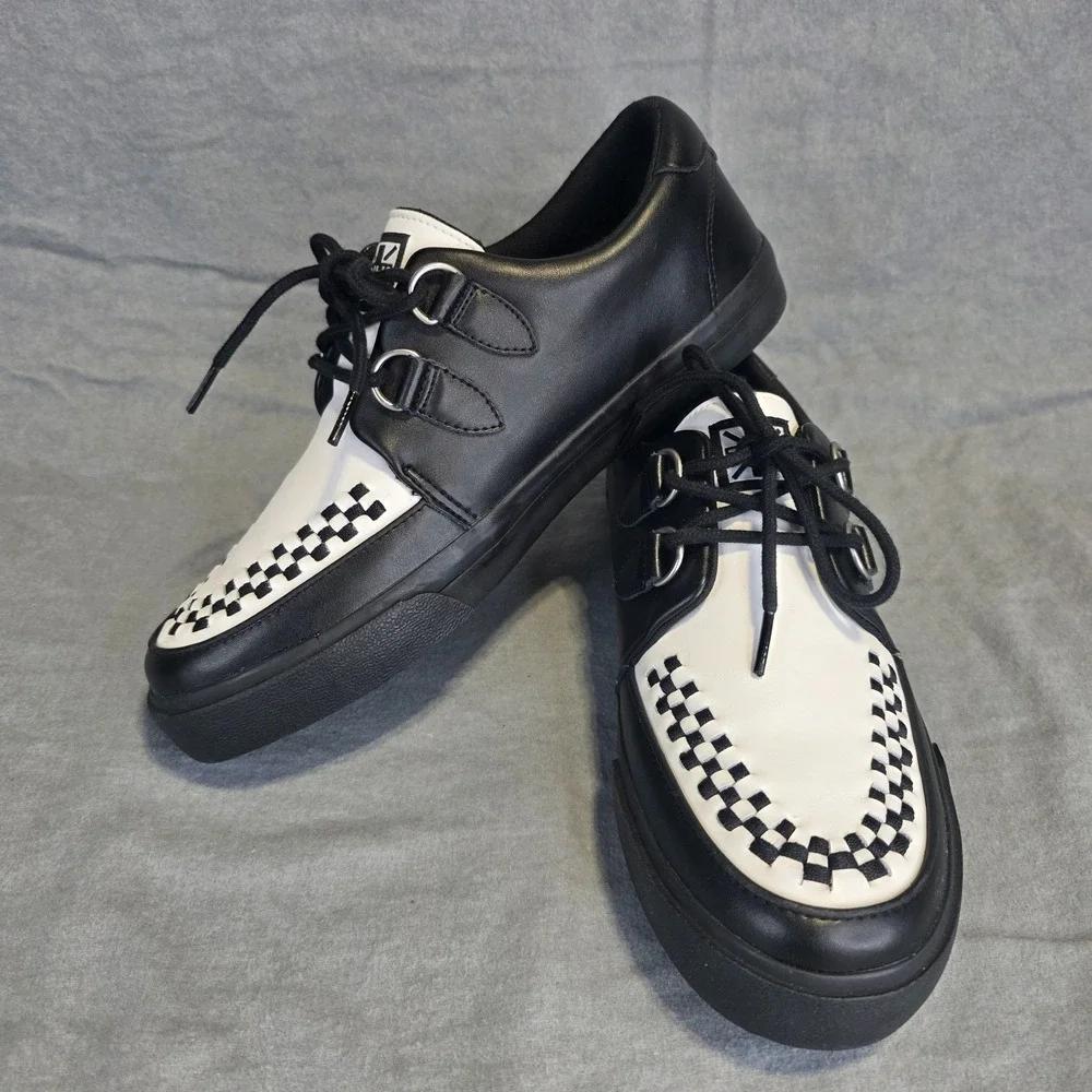 T.U.K. Creepers Black White Checkerboard Woven Leather Goth Punk Shoes Men's 9